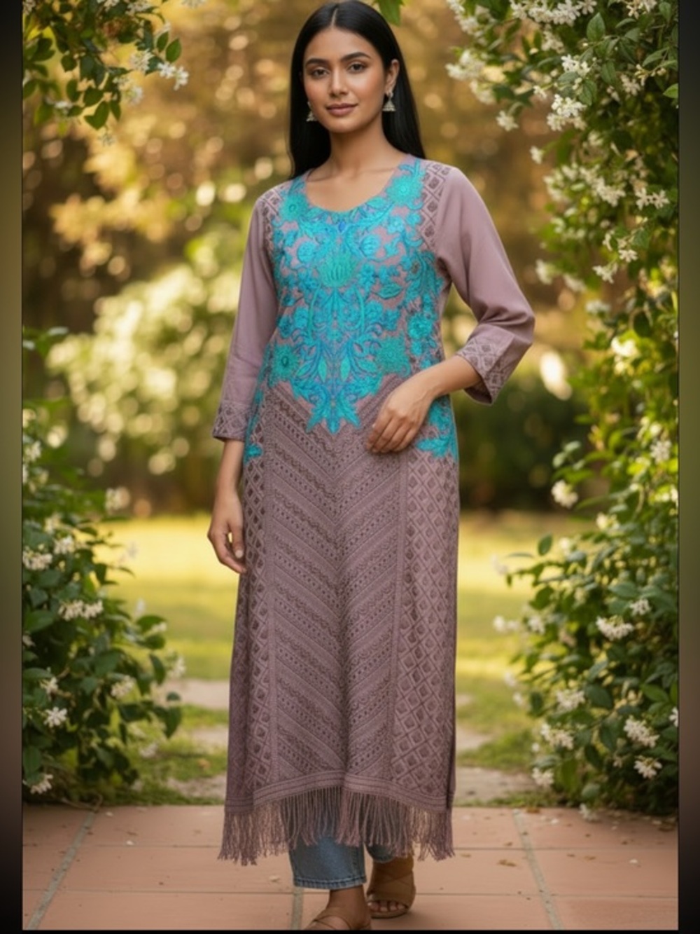 Handmade Indian Kurta Brown and Turquoise Green Embroidered